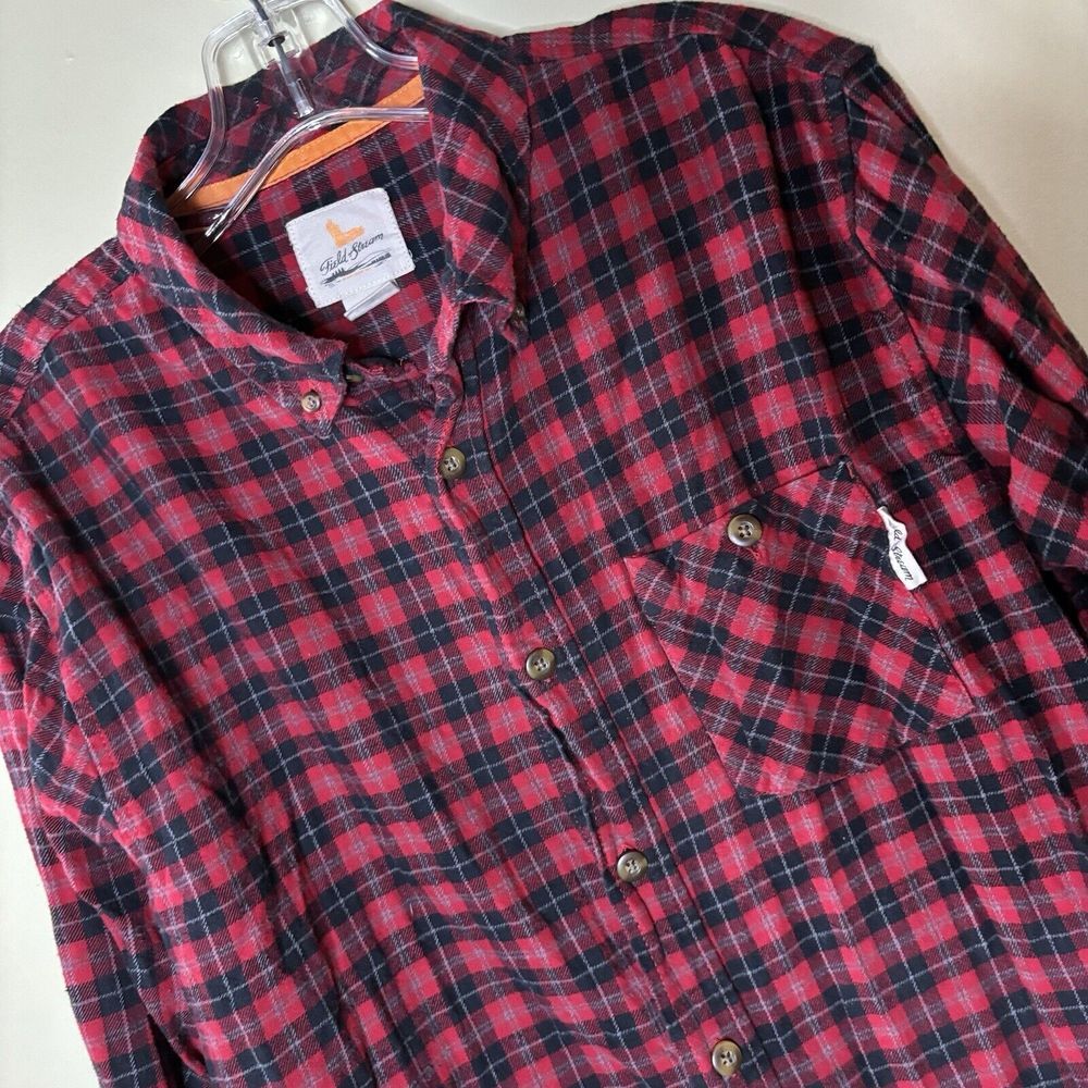 Field And Stream Mens Button‎ Up Flannel Shirt Large Long Sleeve Plaid Red Warm